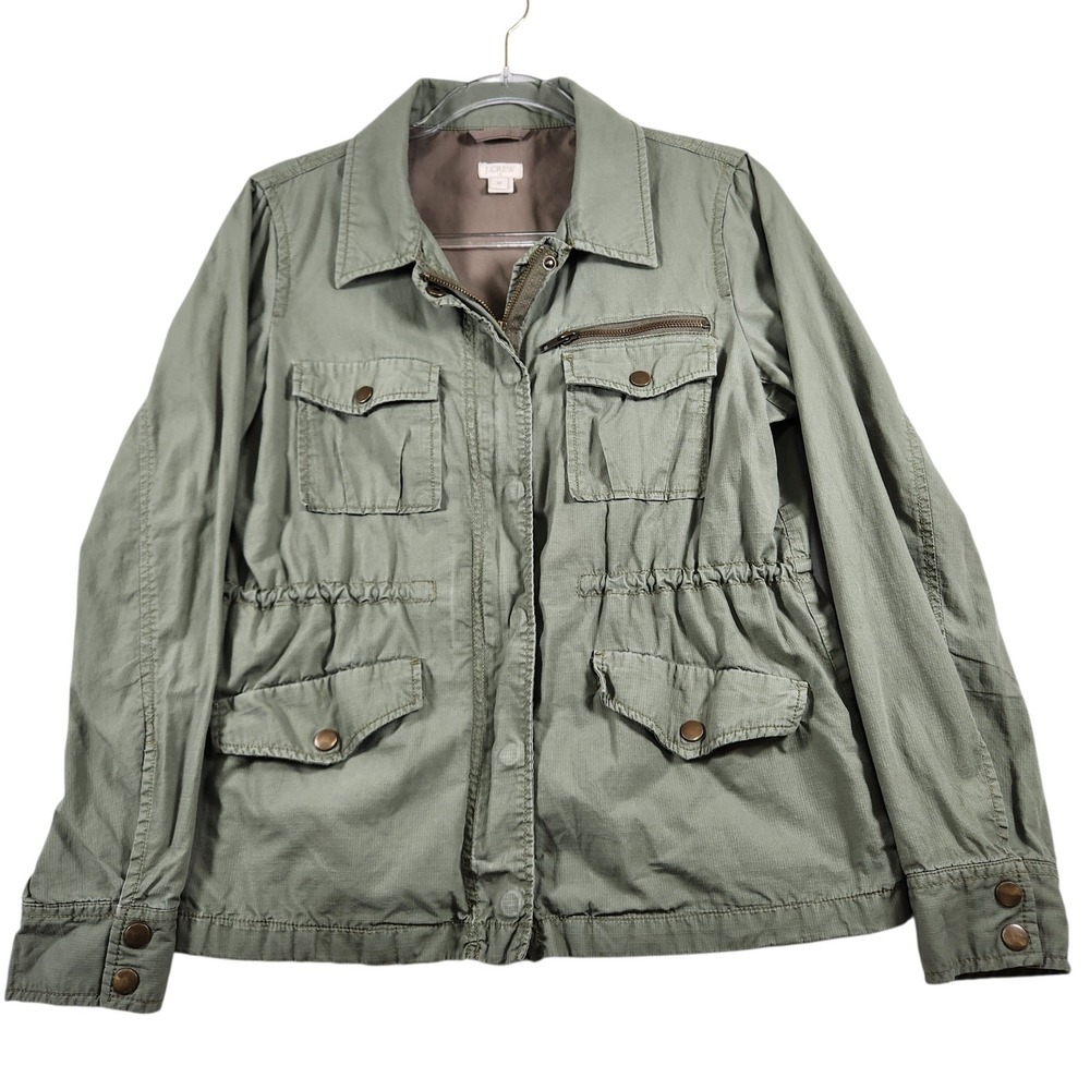 J.Crew Field Jacket Women M Zip and Snap Front Olive Green Ripstop Utility